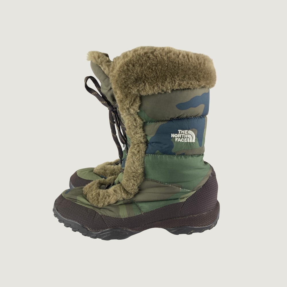 The North Face Nuptse Camo Winter Boots Women 8.5 Down Fill Faux Fur Snow Warm